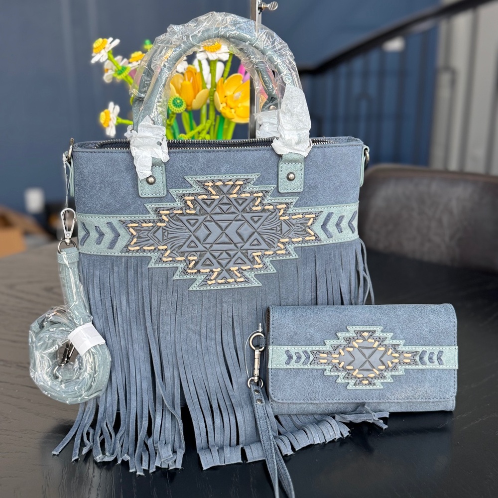 Trinity Ranch Aztec Tooled Fringe Concealed Carry Tote/Crossbody + Wallet Navy